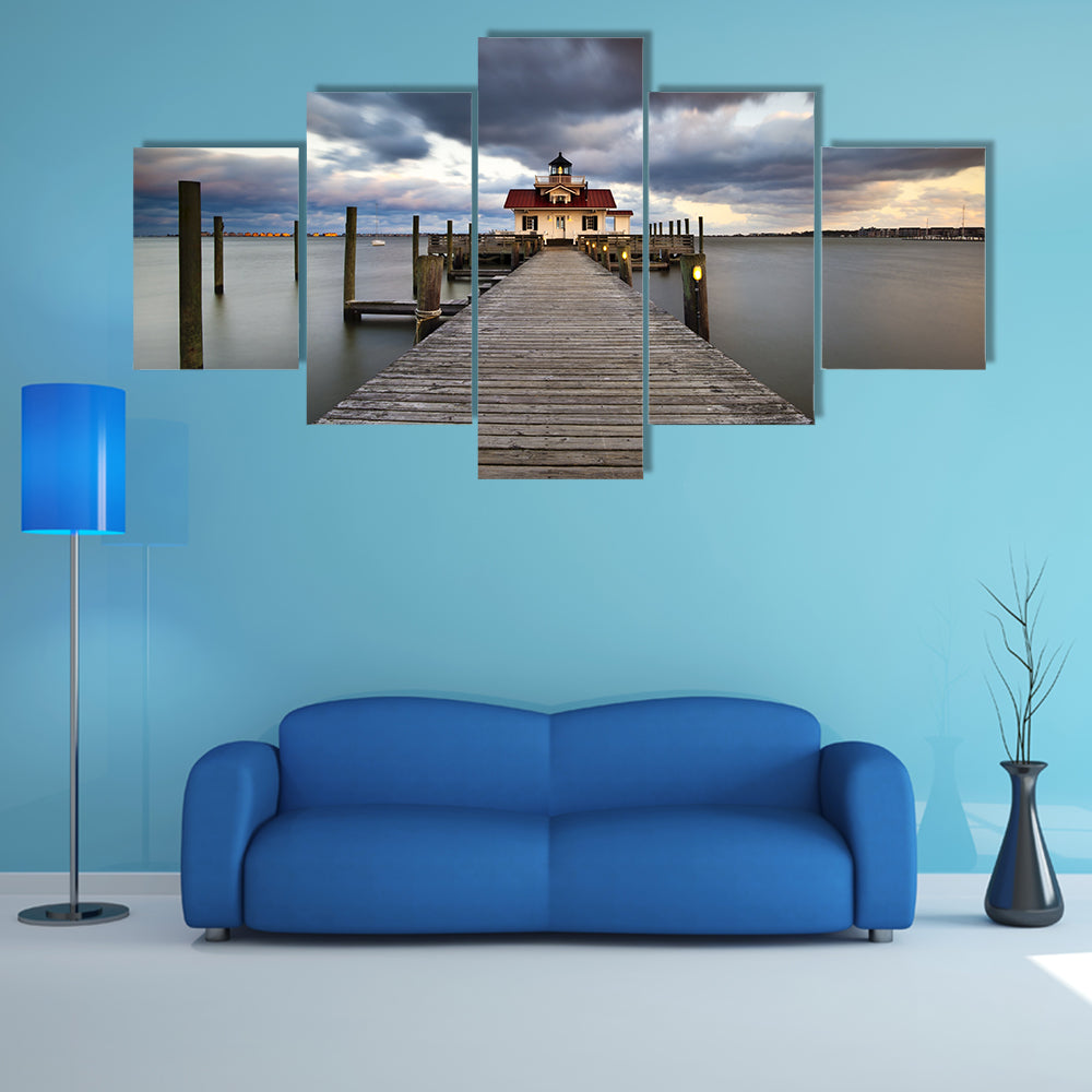 The Roanoke Marshes Lighthouse, Coastal Historic Island Multi Panel Canvas Wall Art
