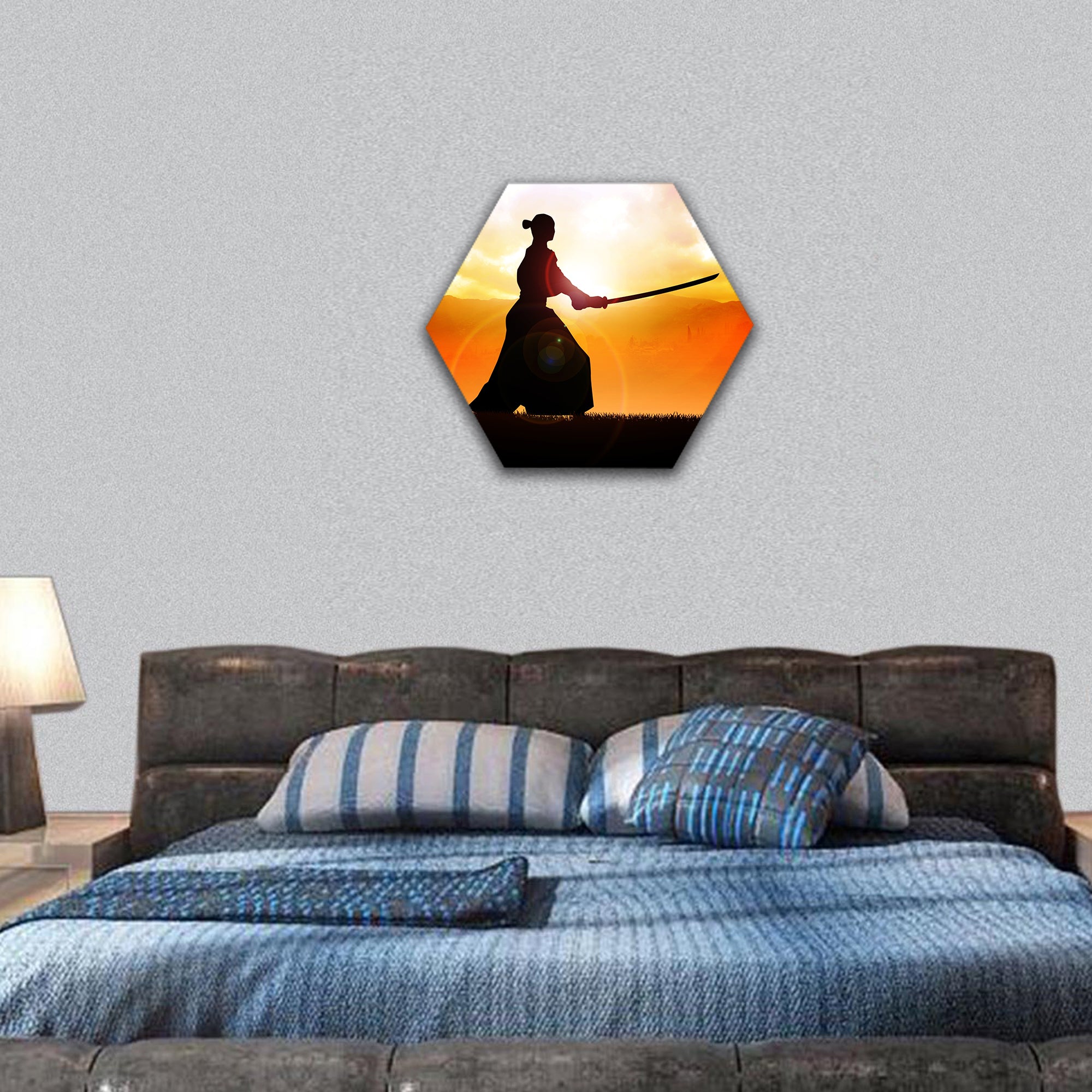 Silhouette of a samurai posing during sunset hexagonal canvas wall art