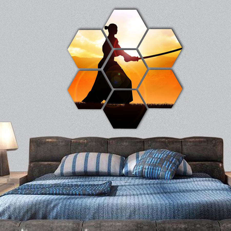 Silhouette of a samurai posing during sunset hexagonal canvas wall art