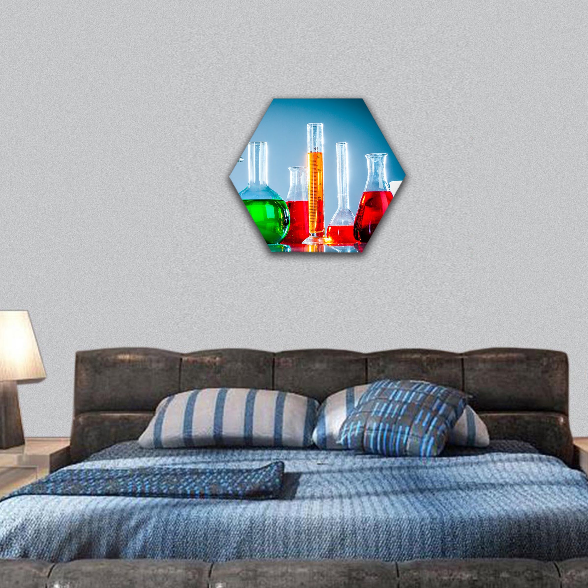 Test tubes on blue background hexagonal canvas wall art