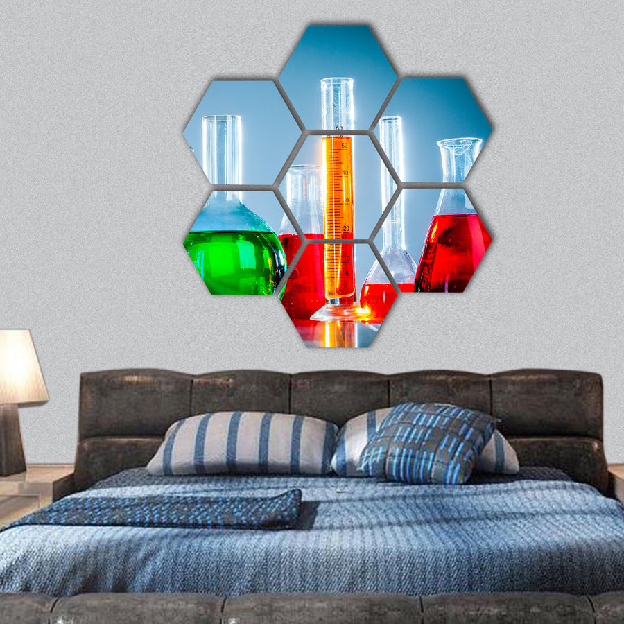 Test tubes on blue background hexagonal canvas wall art