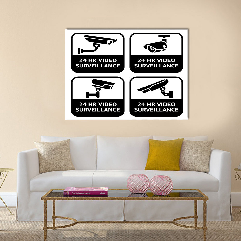 CCTV labels, set symbol security camera pictogram Multi panel canvas wall art