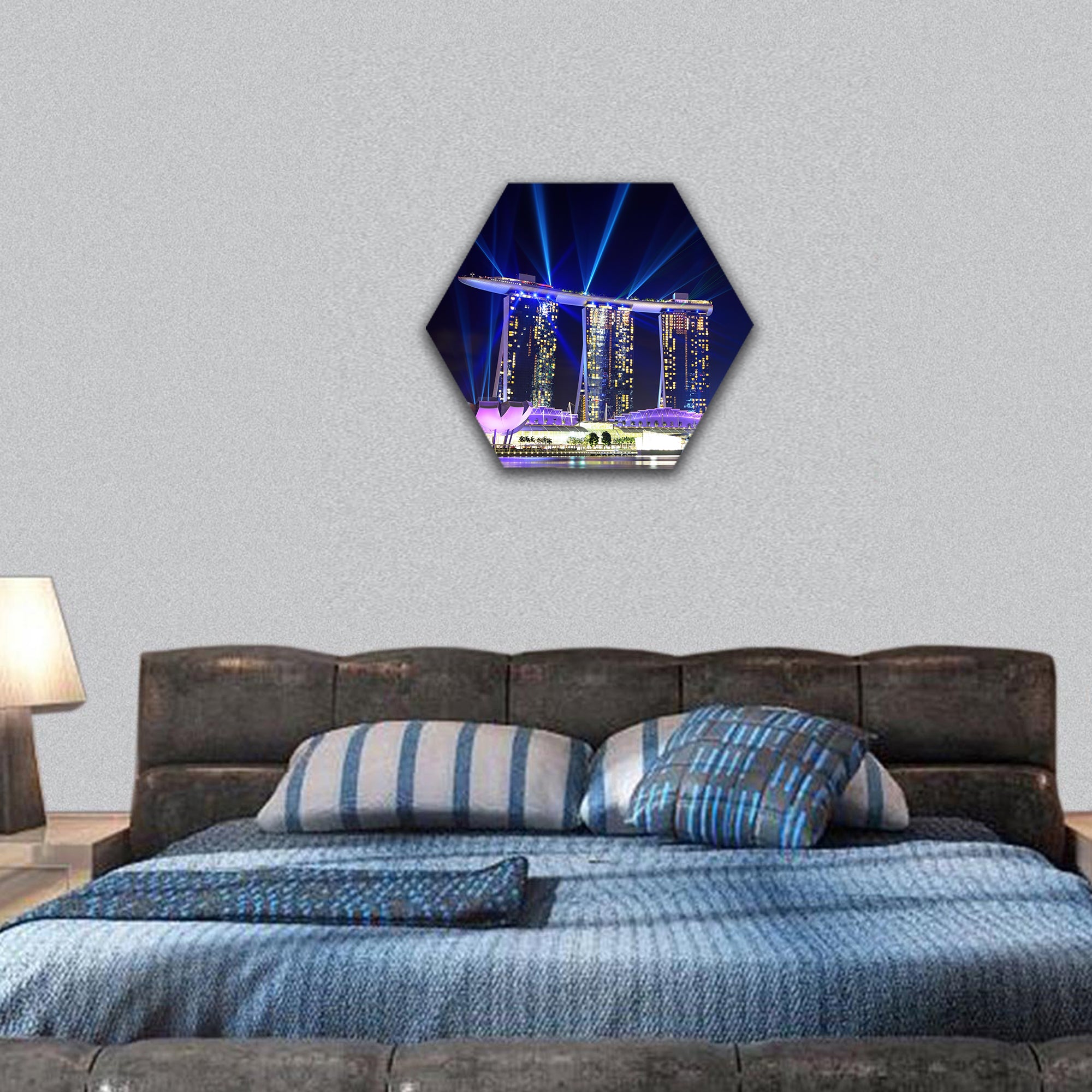 Singapore skyline at night hexagonal canvas wall art