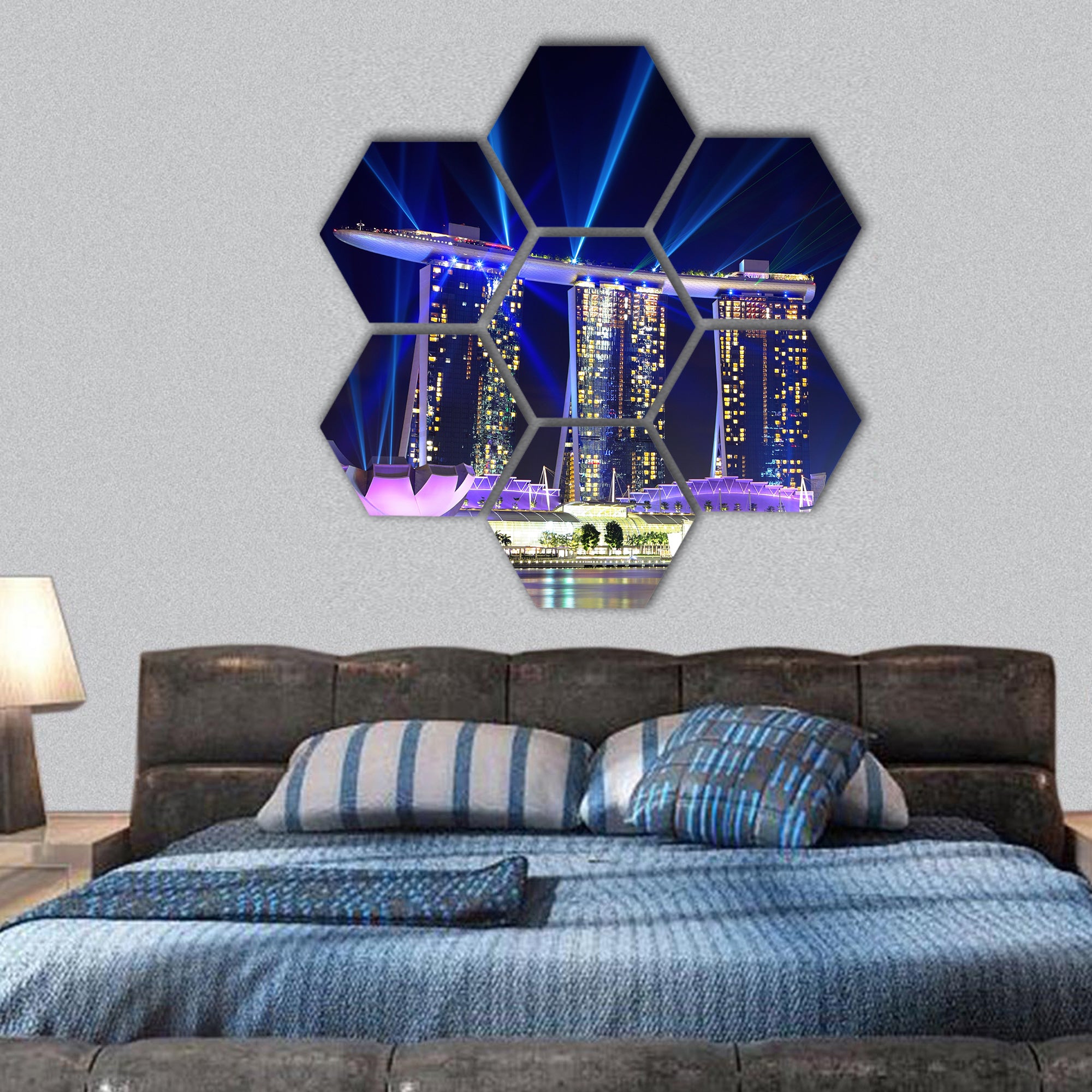 Singapore skyline at night hexagonal canvas wall art