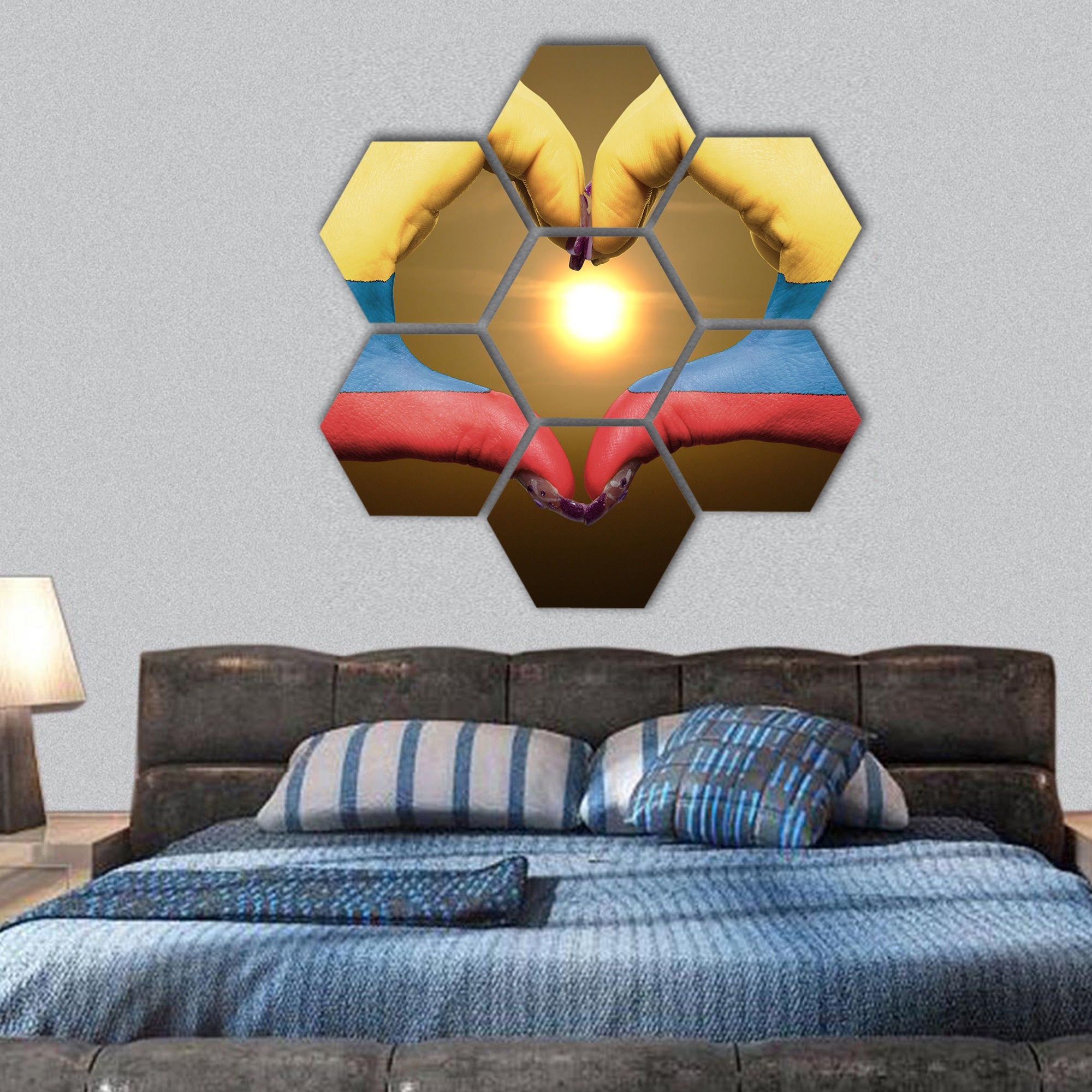 Gesture made by colombia flag hands showing symbol of heart during sunrise hexagonal canvas wall art