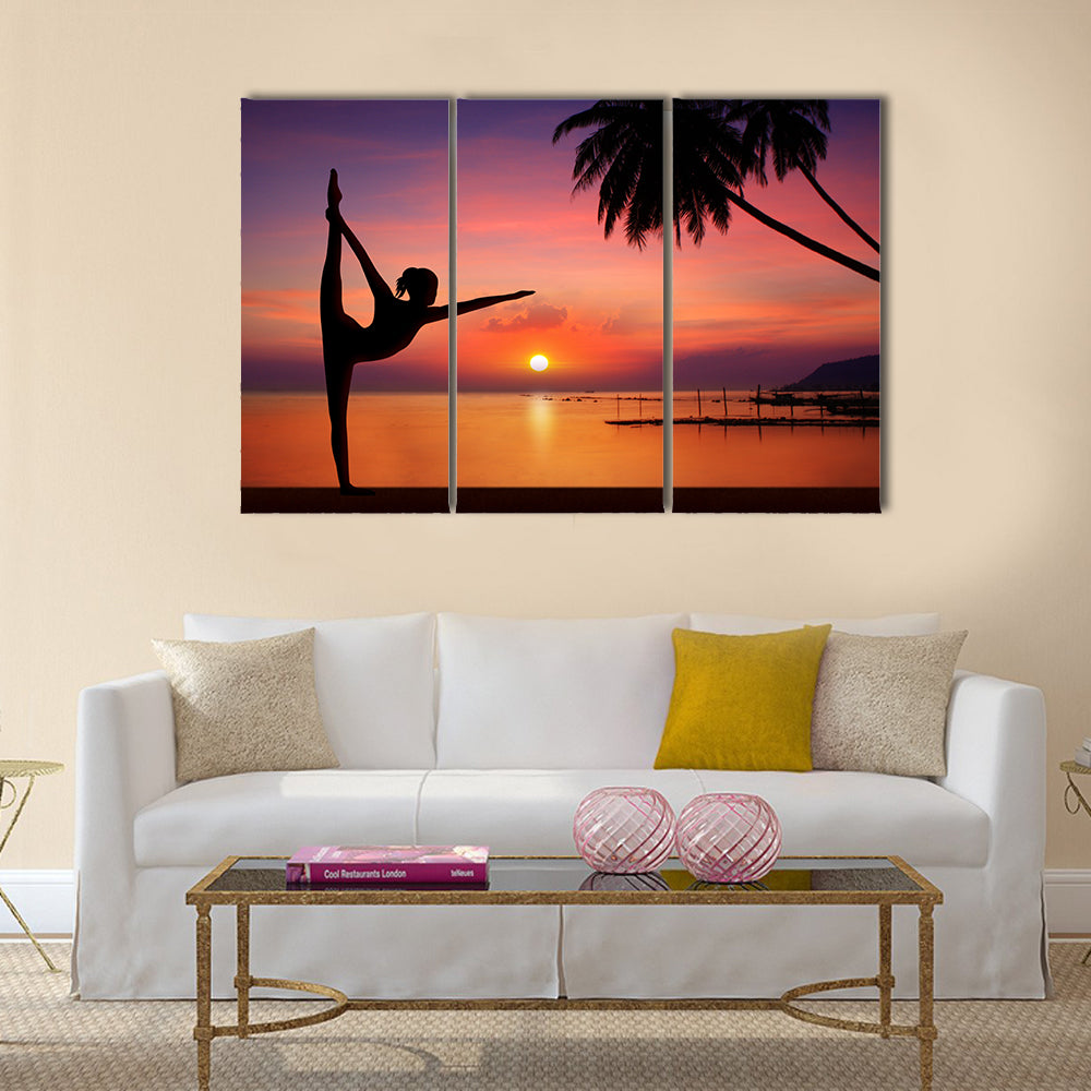 Silhouette of Yoga girl in sunset Multi panel canvas wall art