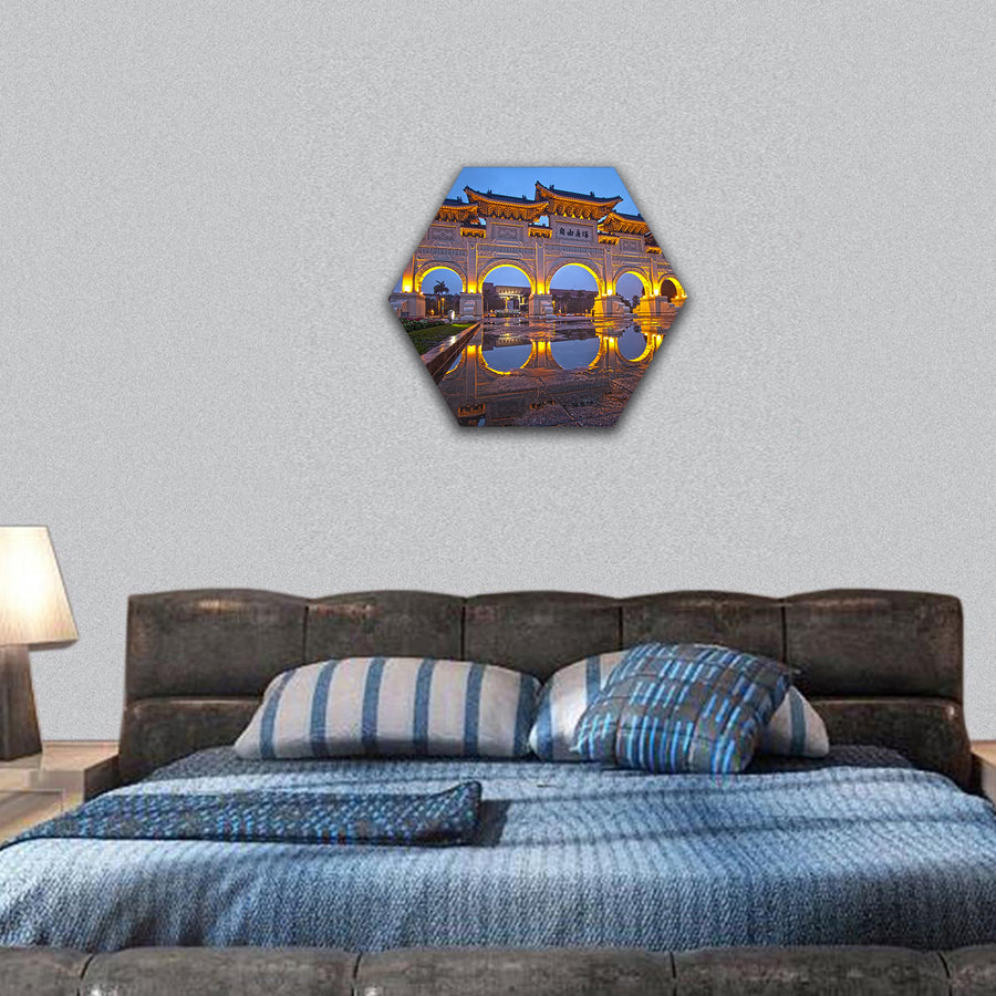 View of chiang kai shek memorial hall with blue sky at night hexagonal canvas wall art