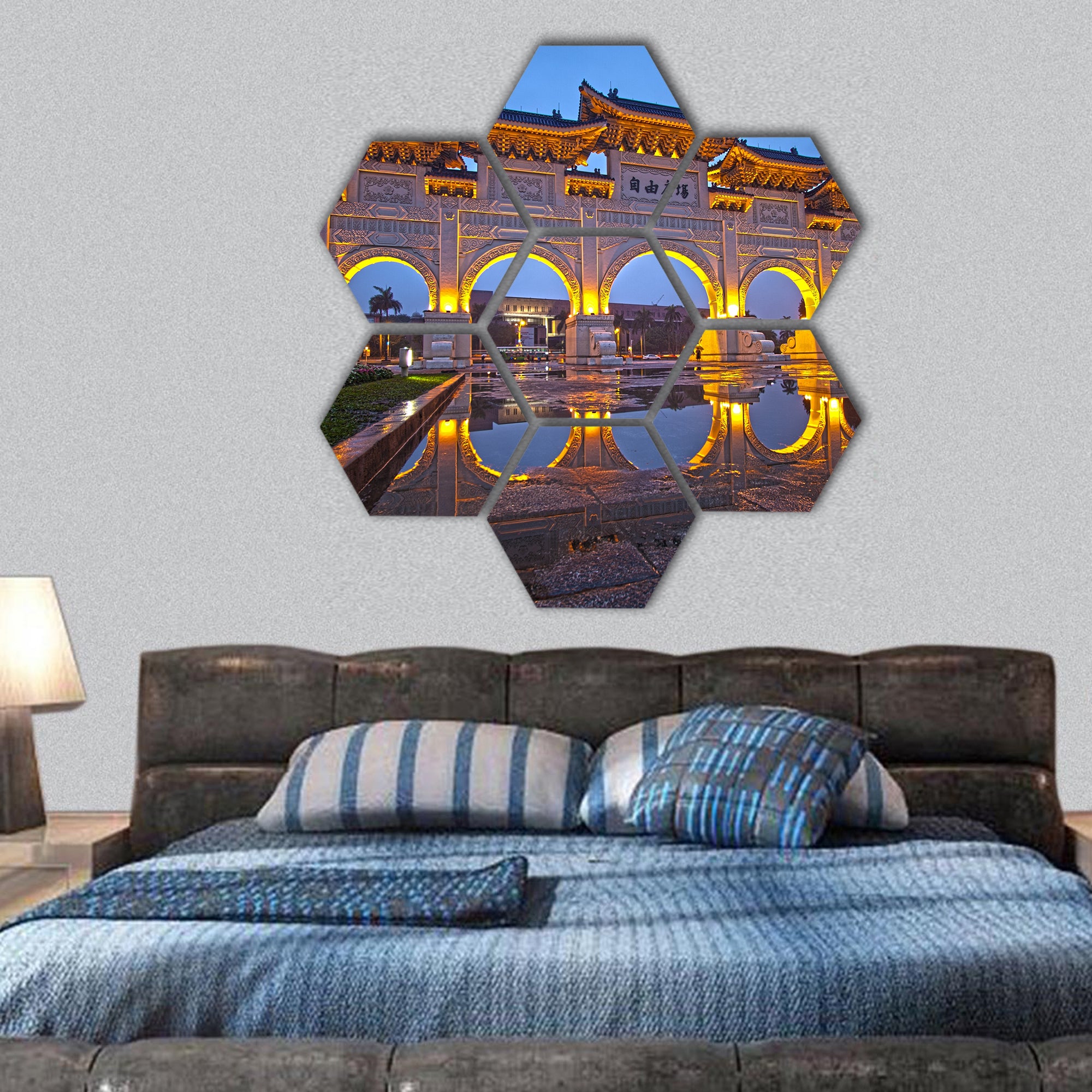 View of chiang kai shek memorial hall with blue sky at night hexagonal canvas wall art
