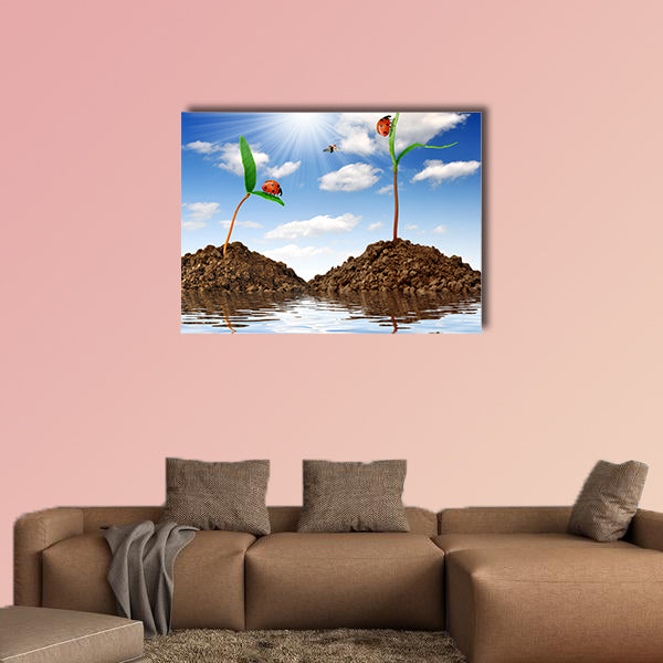 Growing green plant with ladybugs multi panel canvas wall art