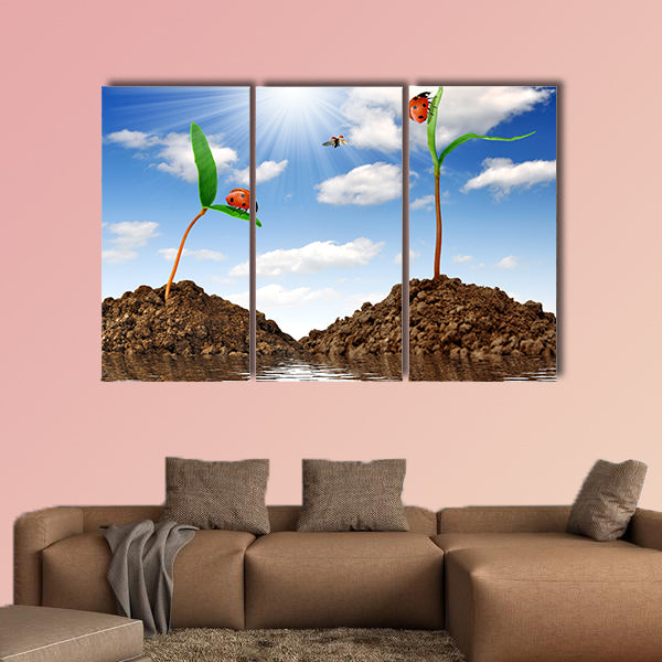 Growing green plant with ladybugs multi panel canvas wall art
