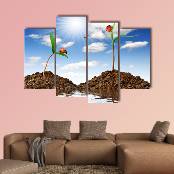 Growing green plant with ladybugs multi panel canvas wall art