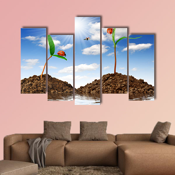 Growing green plant with ladybugs multi panel canvas wall art