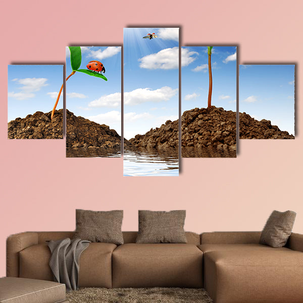 Growing green plant with ladybugs multi panel canvas wall art