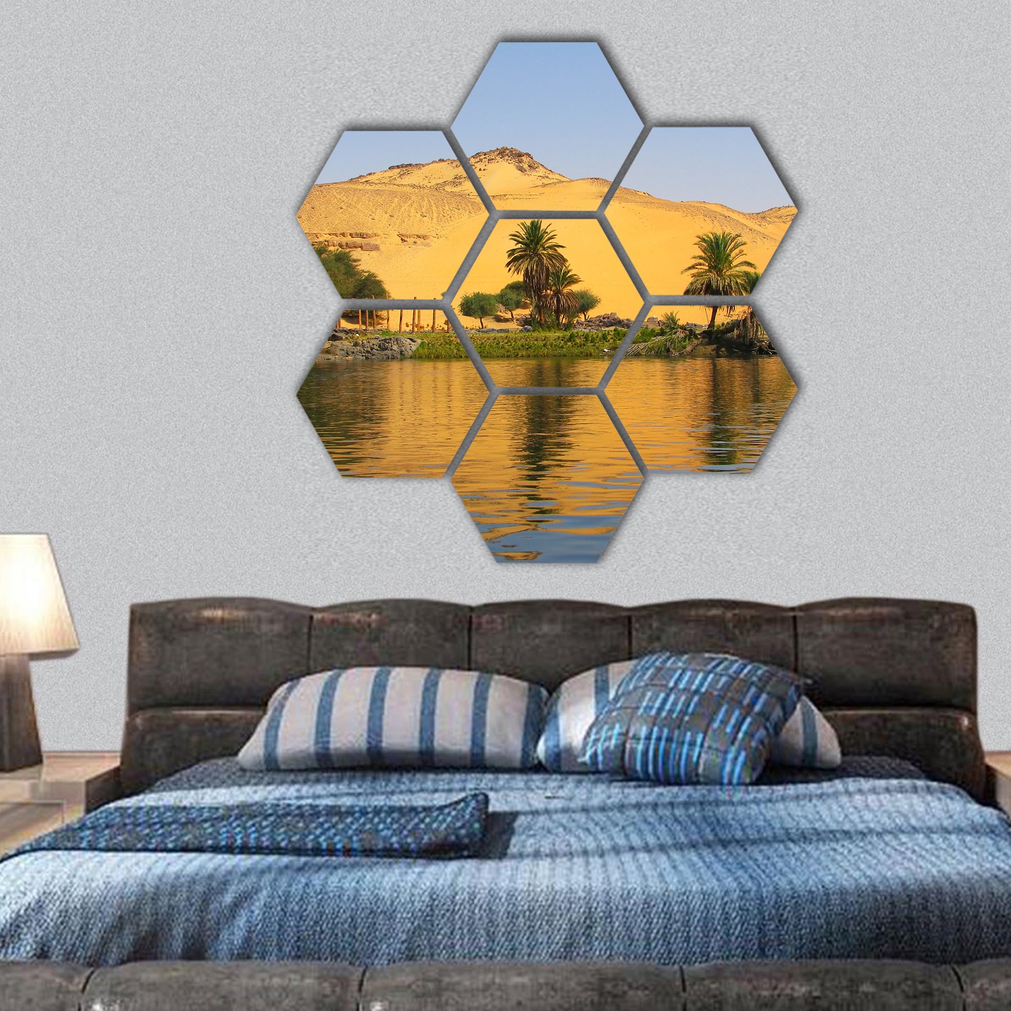Reflection of a sand dune over the Nile river, Aswan, Egypt hexagonal canvas wall art
