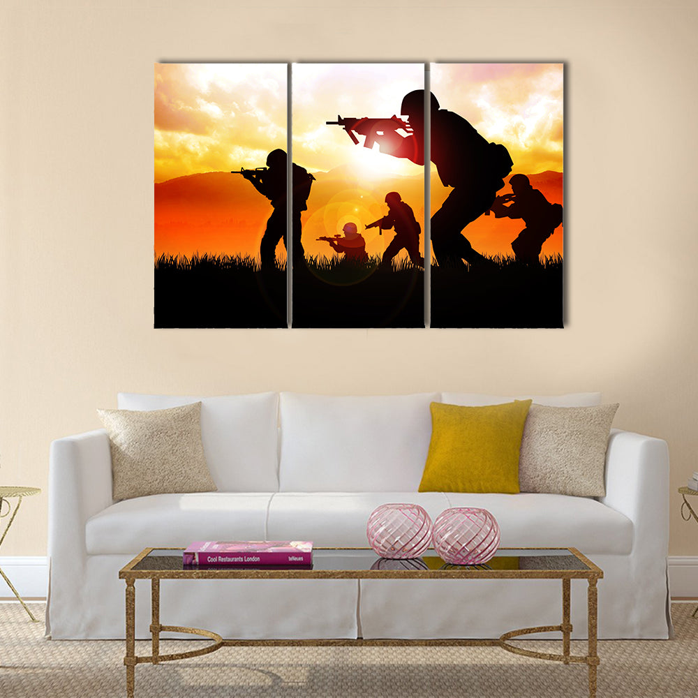 Silhouette illustration of a group of soldiers on the field Multi Panel Canvas Wall Art