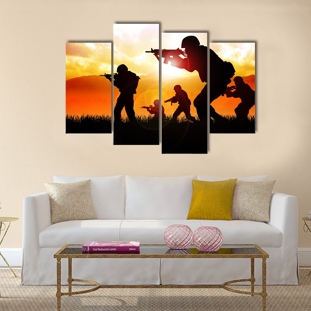 Silhouette illustration of a group of soldiers on the field Multi Panel Canvas Wall Art