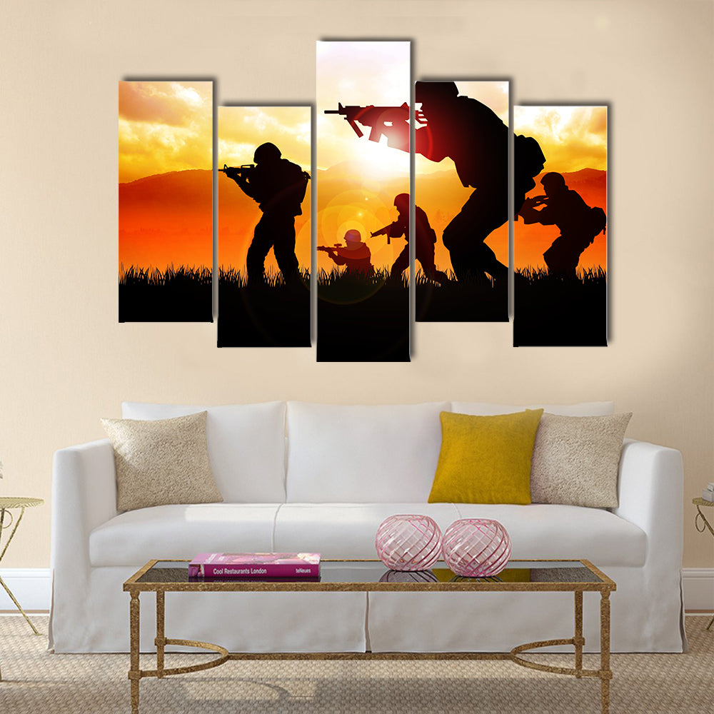 Silhouette illustration of a group of soldiers on the field Multi Panel Canvas Wall Art