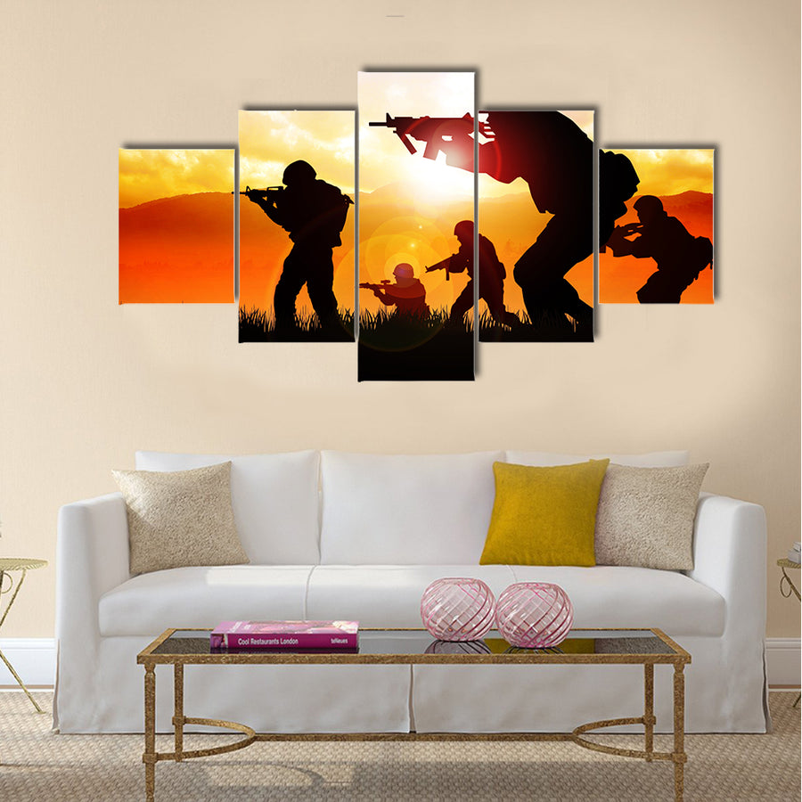 Silhouette illustration of a group of soldiers on the field Multi Panel Canvas Wall Art
