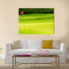 Golf ball on green near to the hole with red flag Multi Panel Canvas Wall Art