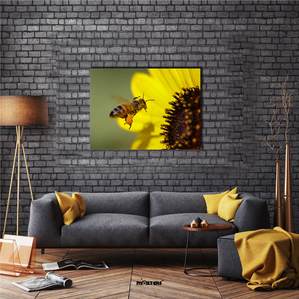 The Apis Mellifera, A Honeybee, On A Yellow Flower, Multi Panel Canvas Wall Art