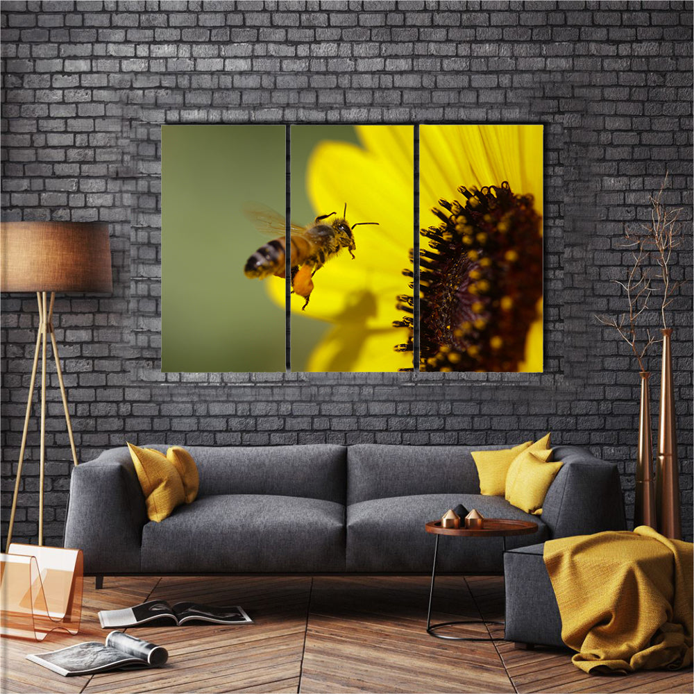 The Apis Mellifera, A Honeybee, On A Yellow Flower, Multi Panel Canvas Wall Art