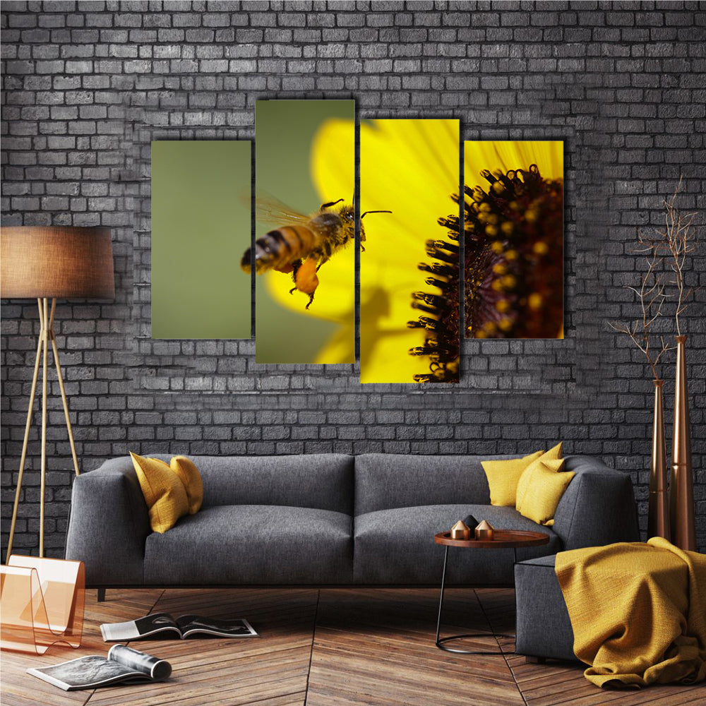 The Apis Mellifera, A Honeybee, On A Yellow Flower, Multi Panel Canvas Wall Art