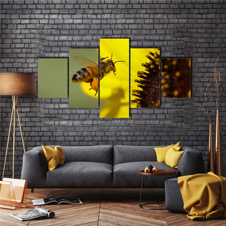 The Apis Mellifera, A Honeybee, On A Yellow Flower, Multi Panel Canvas Wall Art