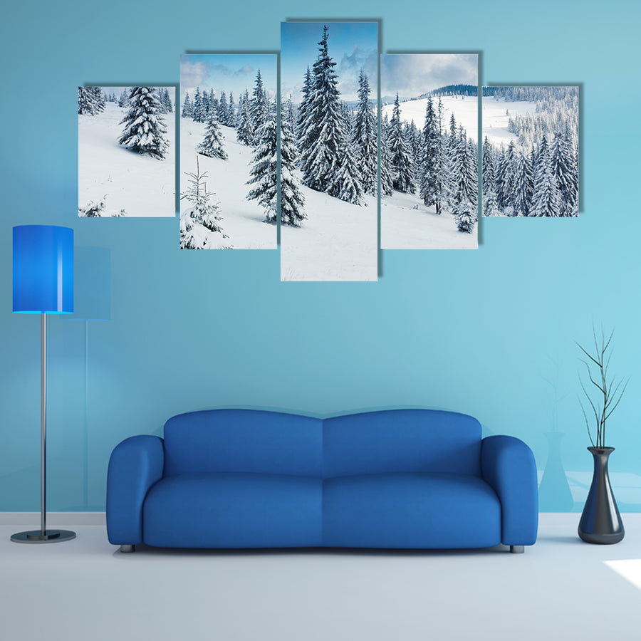 Beautiful Winter Landscape With Snow Covered Trees Multi Panel Canvas Wall Art