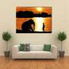 Elephant Training in Thailand During Sunset Silhouetted Multi Panel Canvas Wall Art