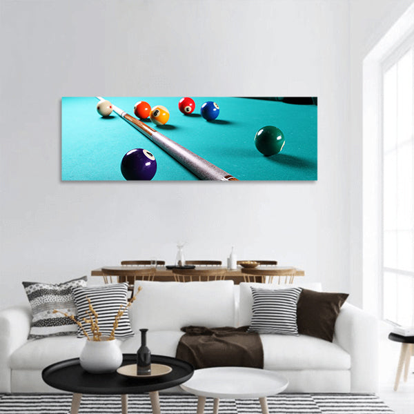 Billiard table with balls Close-up Narrow depth of field panoramic canvas wall art