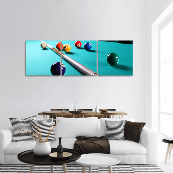 Billiard table with balls Close-up Narrow depth of field panoramic canvas wall art