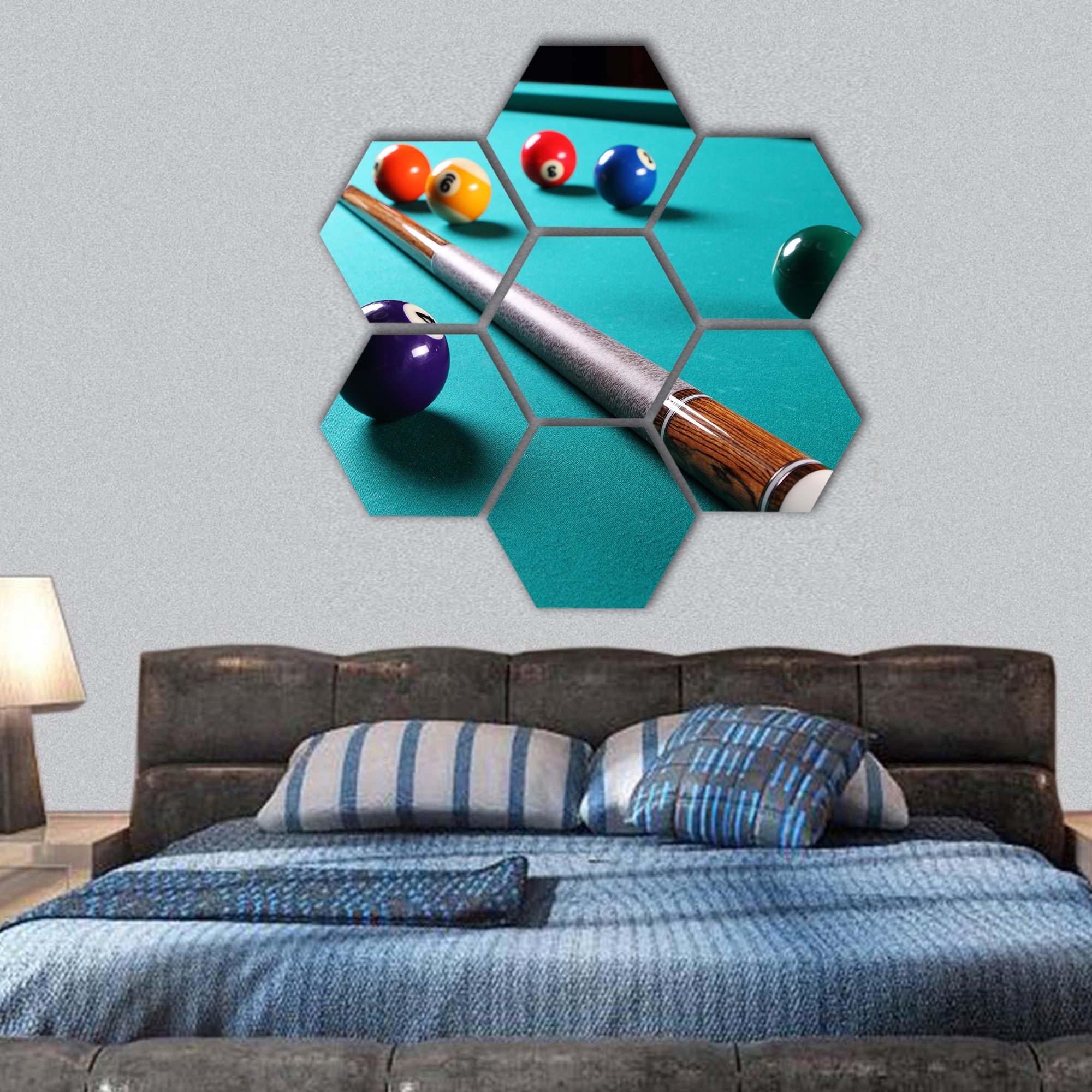 Billiard table with balls Close-up Narrow depth of field hexagonal canvas wall art