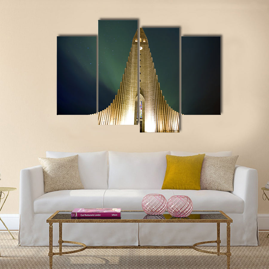 Northern lights shining over the church multi panel canvas wall art