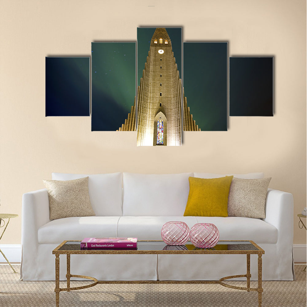 Northern lights shining over the church multi panel canvas wall art