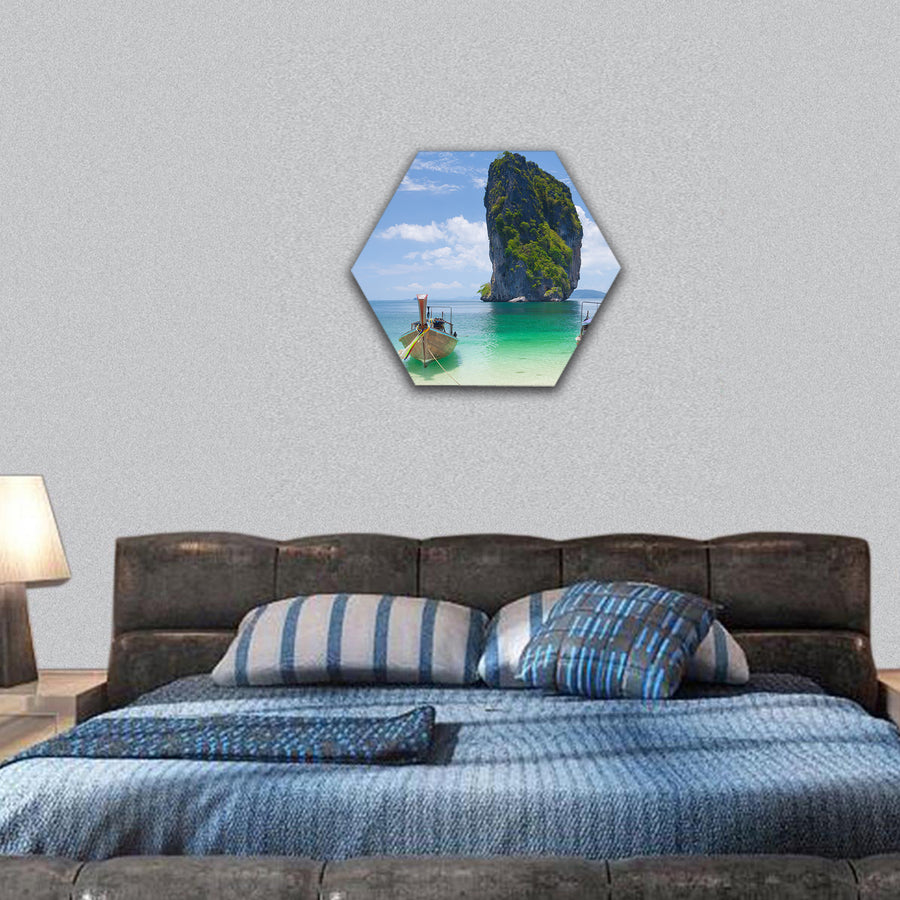 Cliff and boats and the clear sea Phi Phi Leh south of Thailand hexagonal canvas wall art