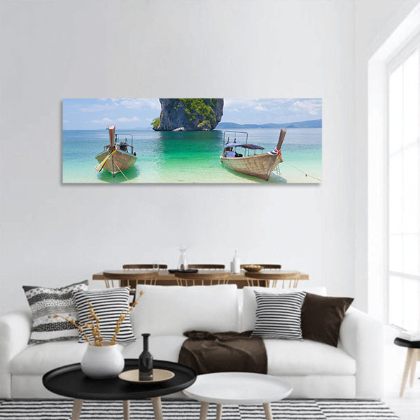 Cliff and boats and clear sea Phi Phi Leh south of Thailand panoramic canvas wall art