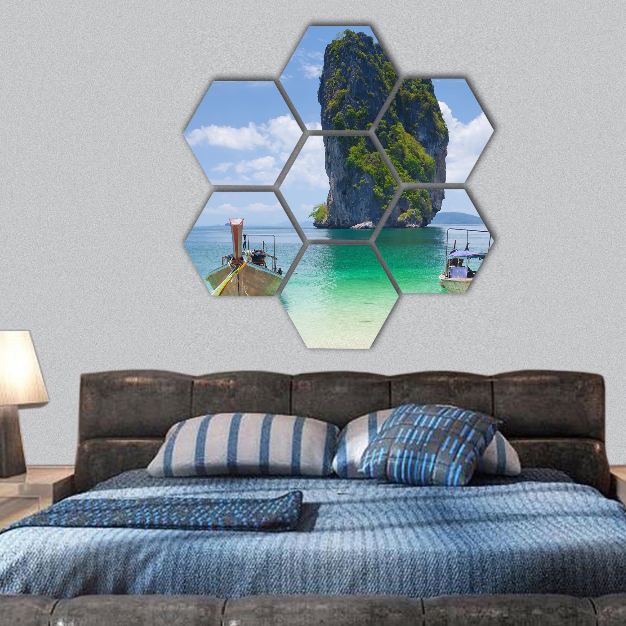 Cliff and boats and the clear sea Phi Phi Leh south of Thailand hexagonal canvas wall art