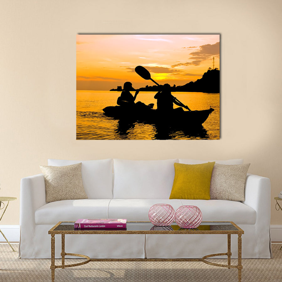 Silhouette of Two person kayaking in the sea  Multi panel canvas wall art