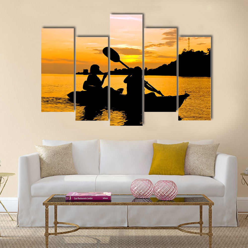 Silhouette of Two person kayaking in the sea  Multi panel canvas wall art