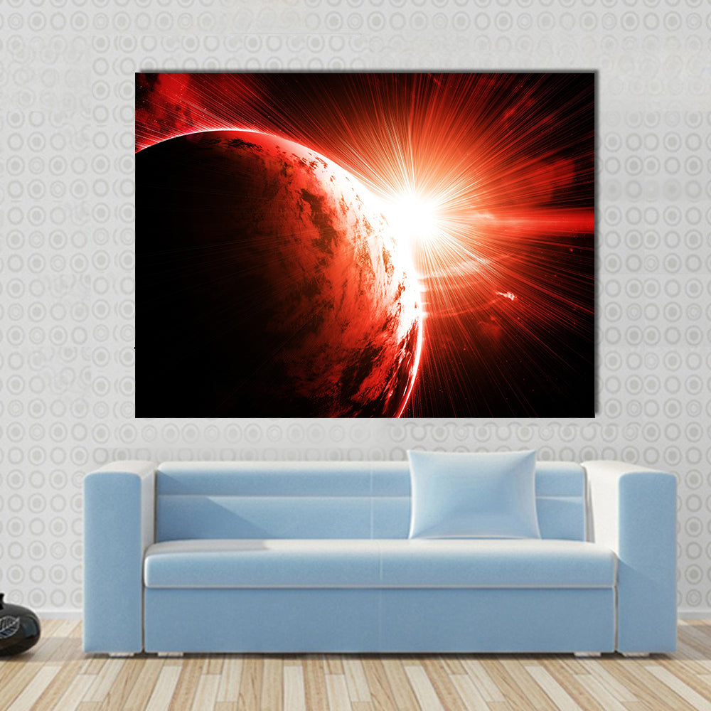 Red planet with a flash of sun Multi Panel Canvas Wall Art