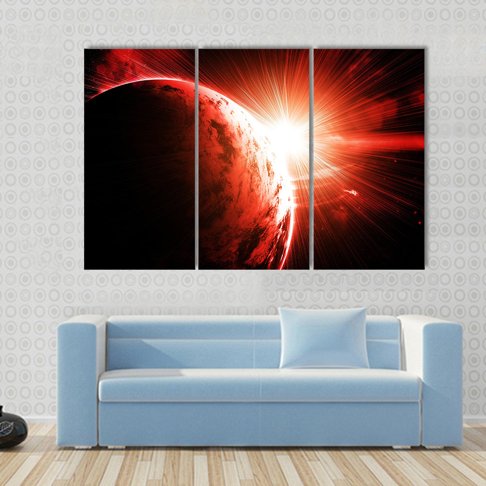 Red planet with a flash of sun Multi Panel Canvas Wall Art