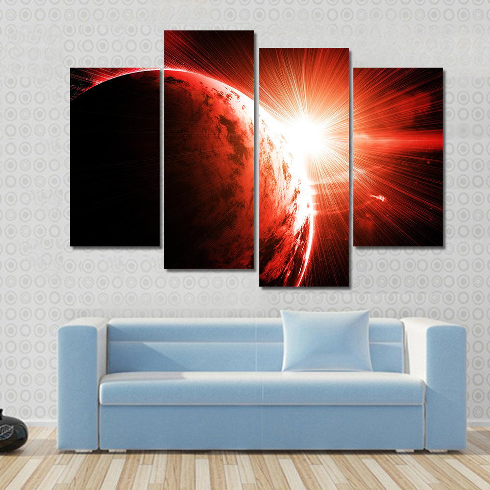 Red planet with a flash of sun Multi Panel Canvas Wall Art