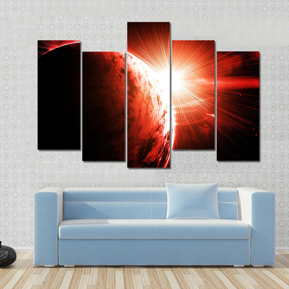Red planet with a flash of sun Multi Panel Canvas Wall Art