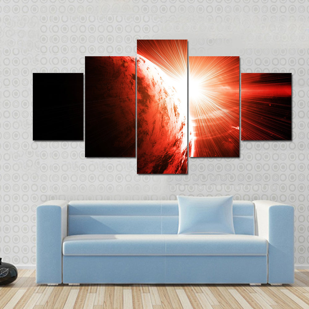 Red planet with a flash of sun Multi Panel Canvas Wall Art