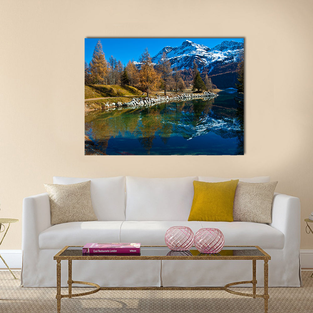 Autumn reflections on the lake Silvaplana multi panel canvas wall art