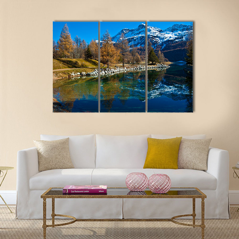 Autumn reflections on the lake Silvaplana multi panel canvas wall art
