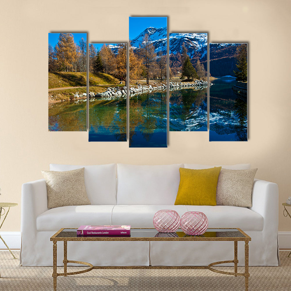Autumn reflections on the lake Silvaplana multi panel canvas wall art