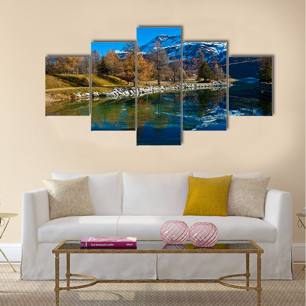 Autumn reflections on the lake Silvaplana multi panel canvas wall art