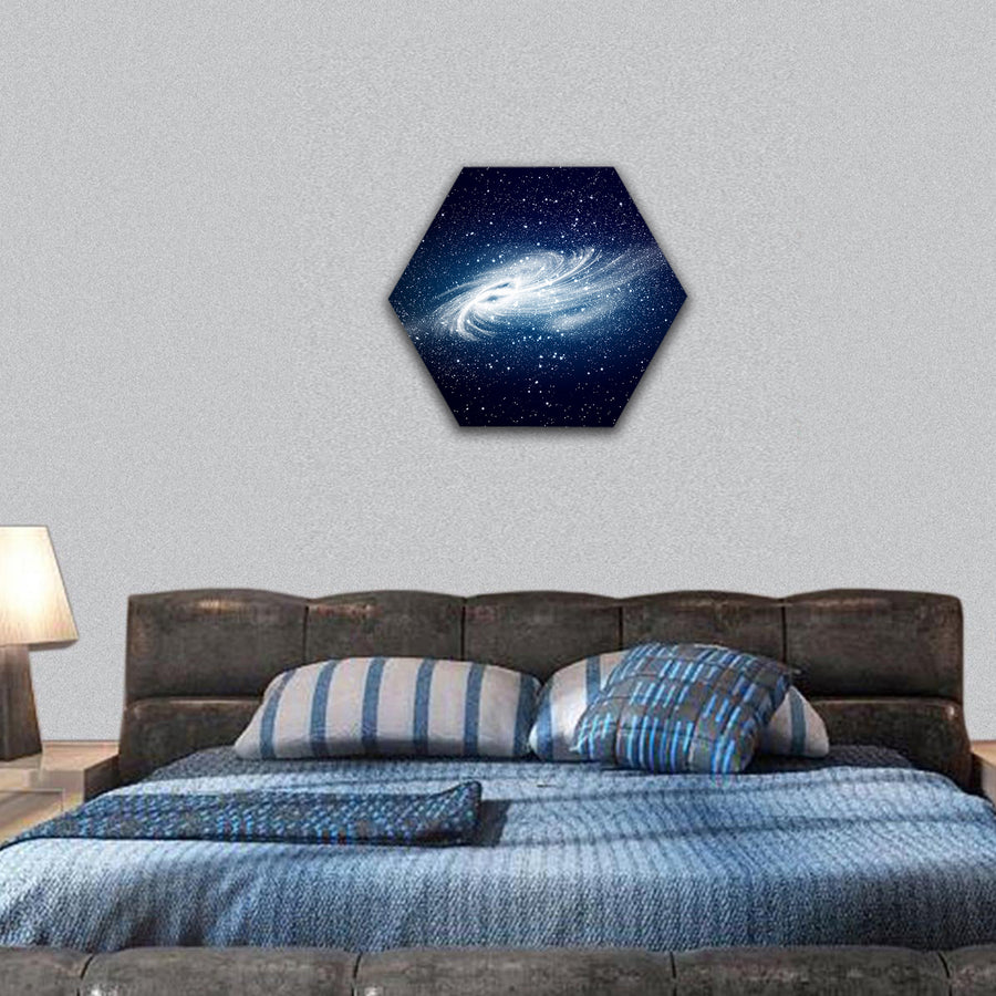 Glowing galaxy against black space and stars hexagonal canvas wall art