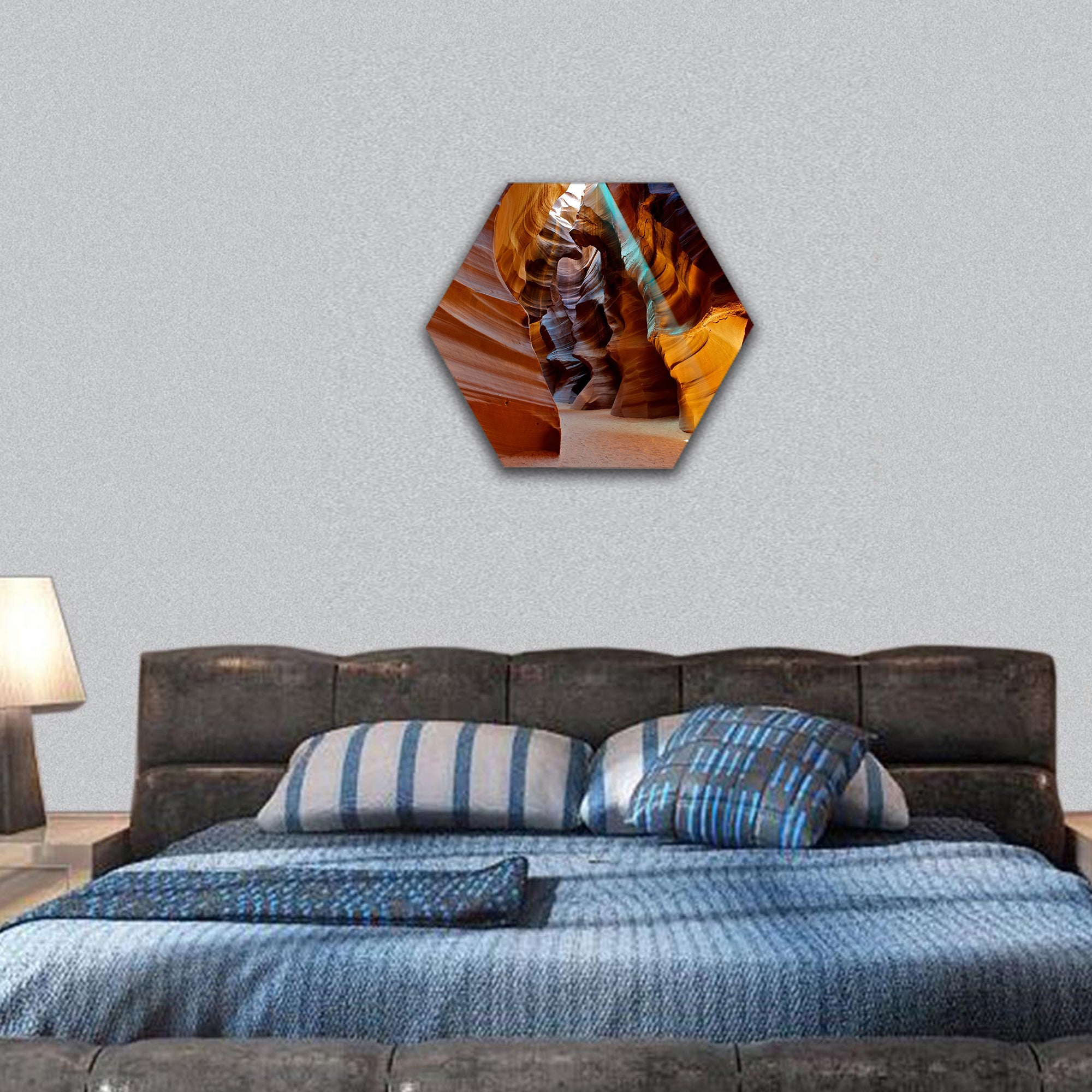sun light beam shining through Upper Antelope slot Canyon hexagonal canvas wall art